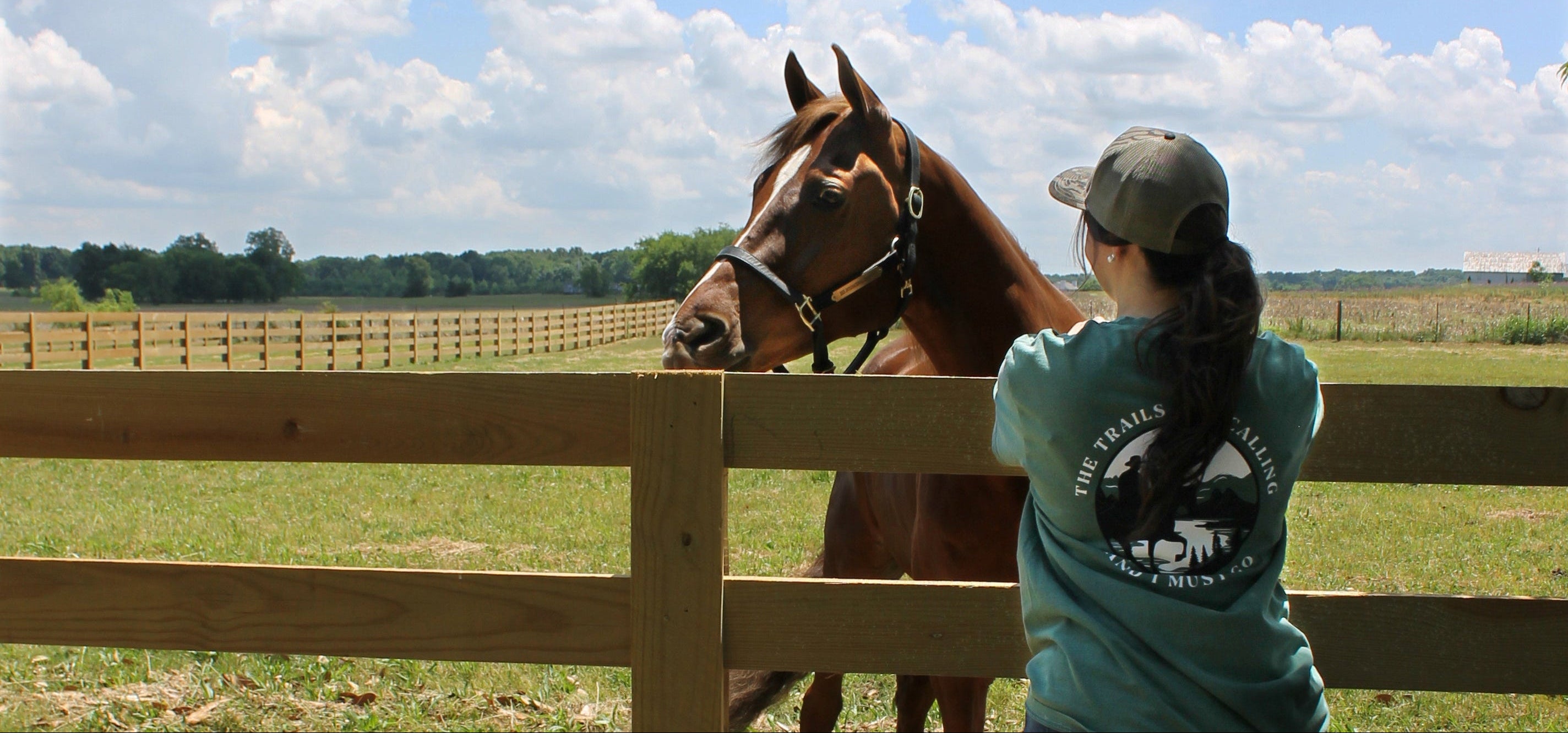 Woman in a green shirt interacting with a horse behind a wooden fence on a sunny day.